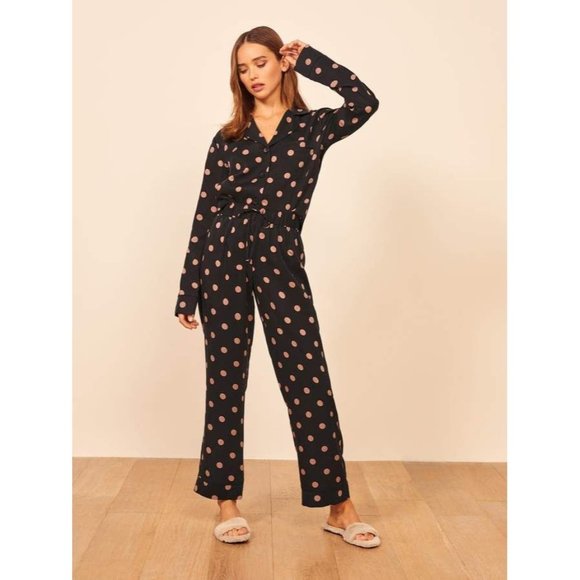 Reformation Womens L Kisses Black Pink Polka Dots Mimi 2-Piece Pajama Set NWT - Picture 1 of 16